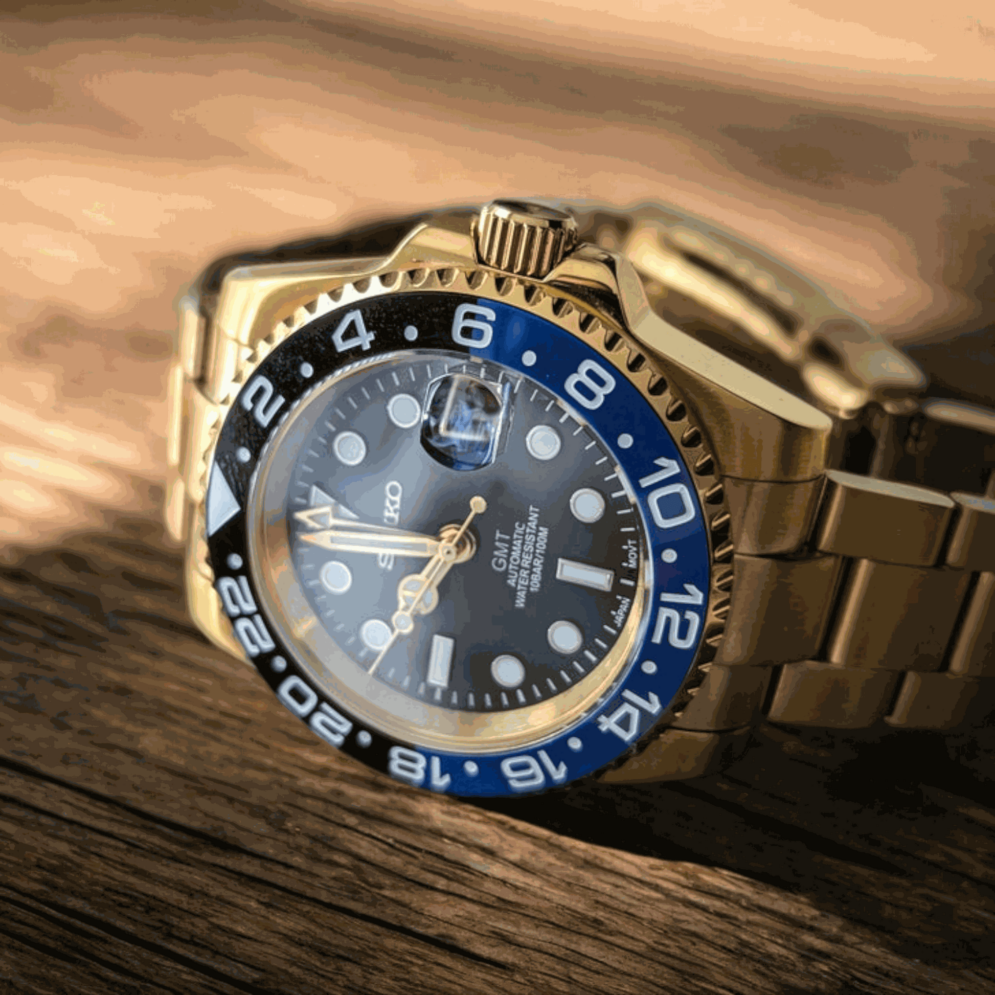 Custom Modded Seiko " Batman " GMT Gold Series - MODTIME