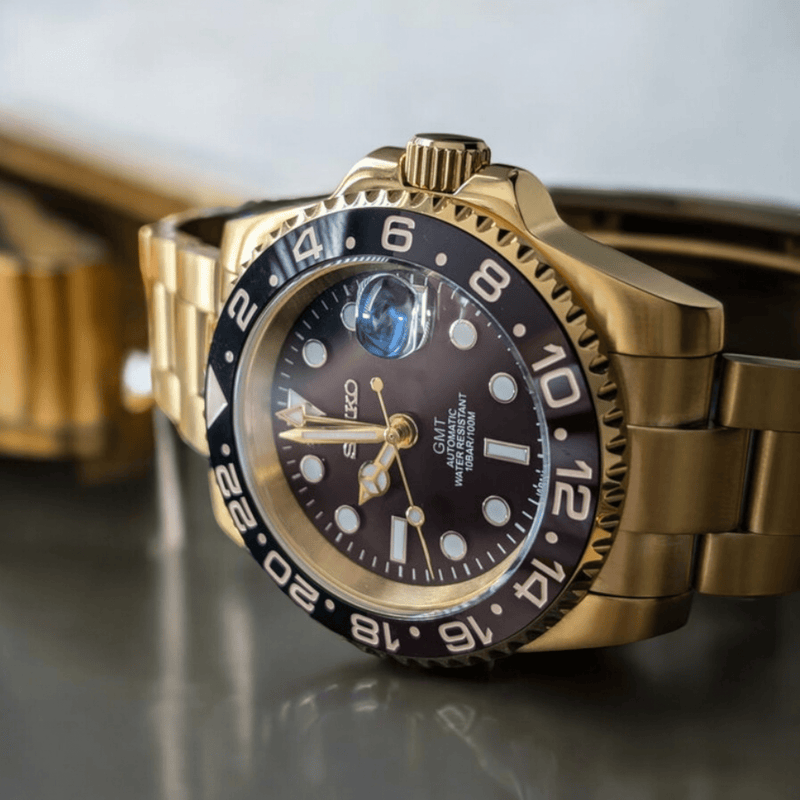 Custom Seiko Mod Gold GMT " Root Beer " Series - Modtime - MODTIME