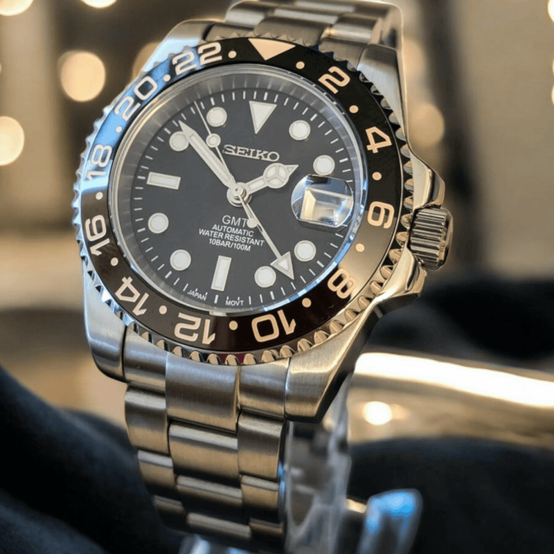 Custom Seiko Mod Silver GMT " Root Beer " Series - Modtime - MODTIME