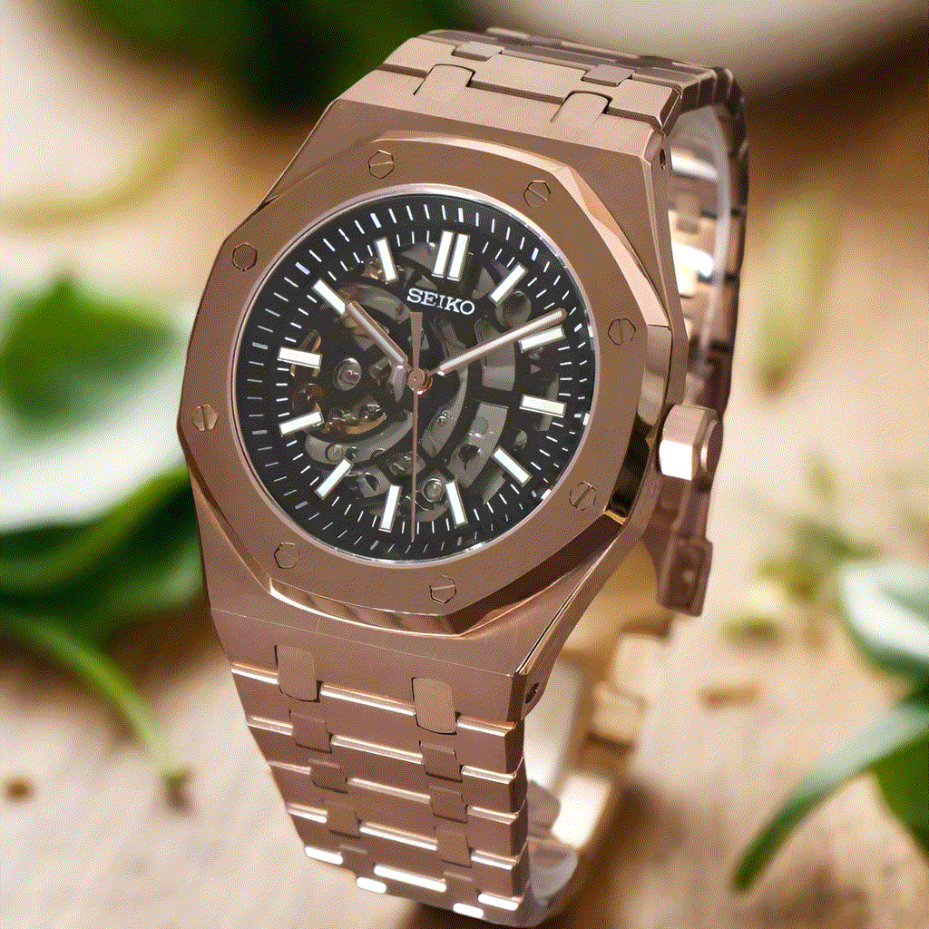 Modded Seiko Heritage "Oak" Skeleton aka Seiko Oak Series - Gold - MODTIME