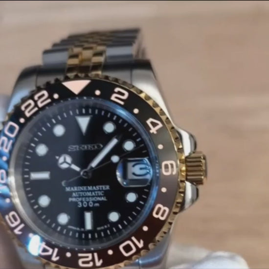 A close-up video Black and Gold SEiko Mod Submariner with Two-Tone Jubilee Bracelet 