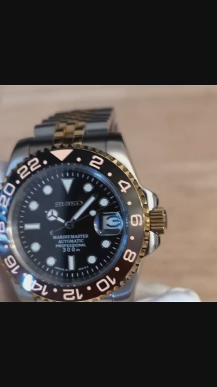 A close-up video Black and Gold SEiko Mod Submariner with Two-Tone Jubilee Bracelet 