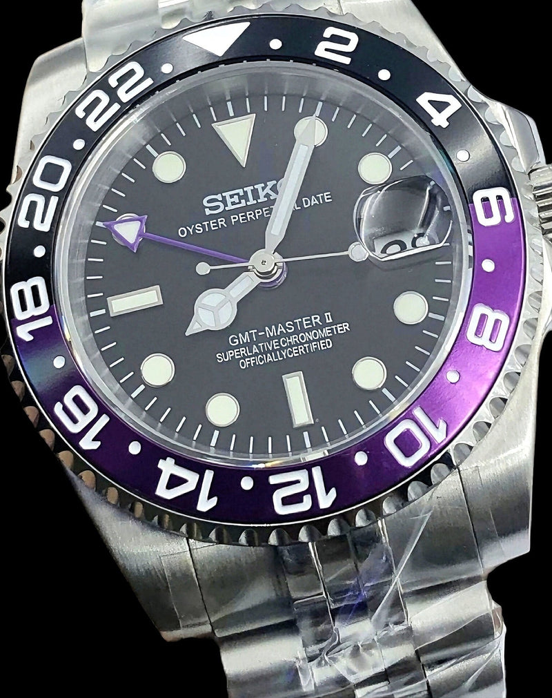 Seiko Mod Stainless - Steel GMT " Joker " Purple Black Series - MODTIME