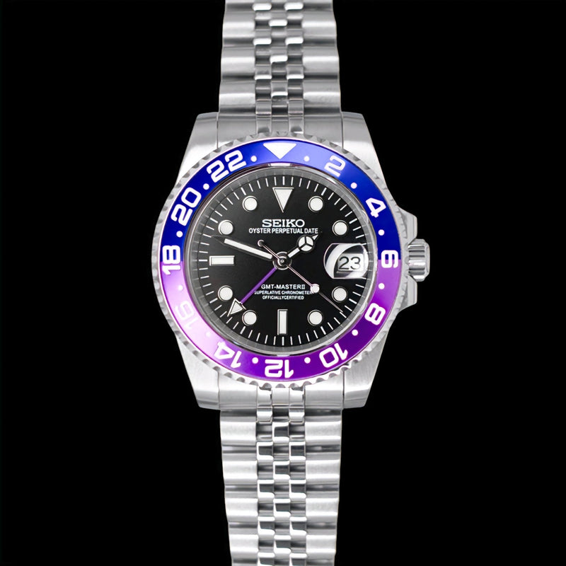 Seiko Mod Stainless - Steel GMT " Joker " Purple Black Series - MODTIME