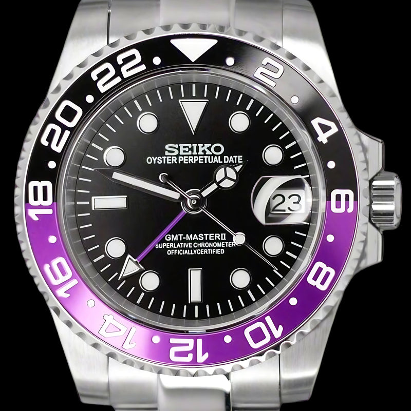 Seiko Mod Stainless - Steel GMT " Joker " Purple Black Series - MODTIME