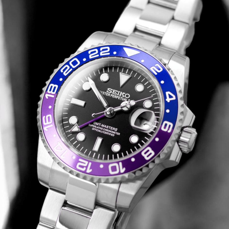 Seiko Mod Stainless - Steel GMT " Joker " Purple Black Series - MODTIME