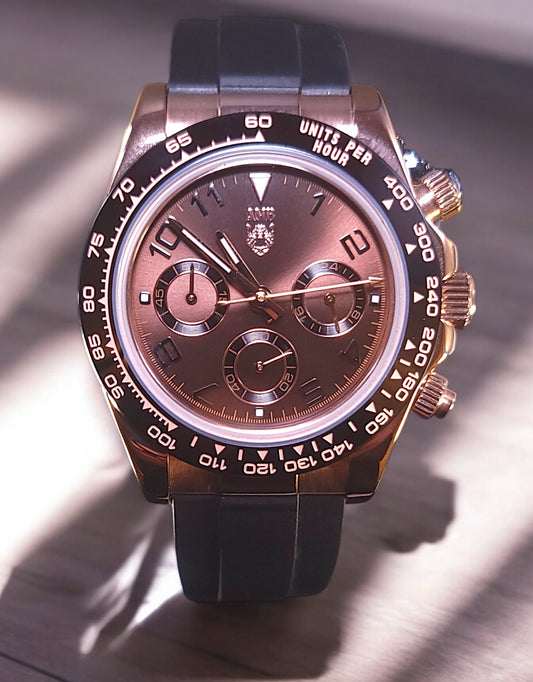 Custom modded Rolex Seiko Daytona gold with a Rose chocolate dial, rose gold case and black rubber bracelet