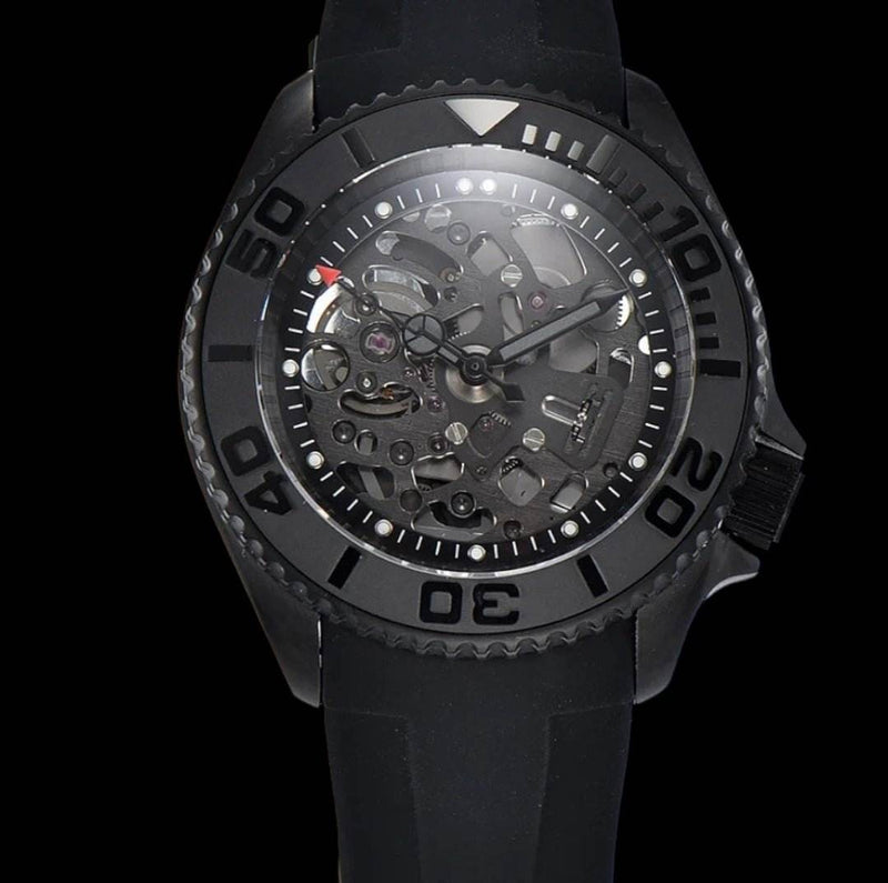 Custom built seiko submariner Black case Black skeleton dial