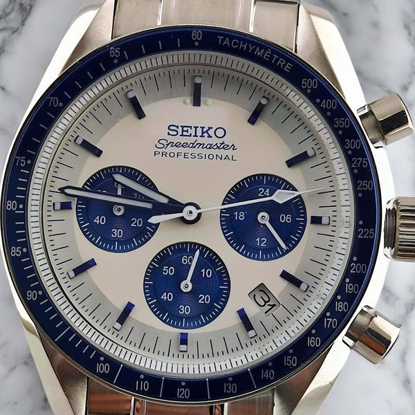 Custom modded Seiko mod Speedmaster blue and white dials 