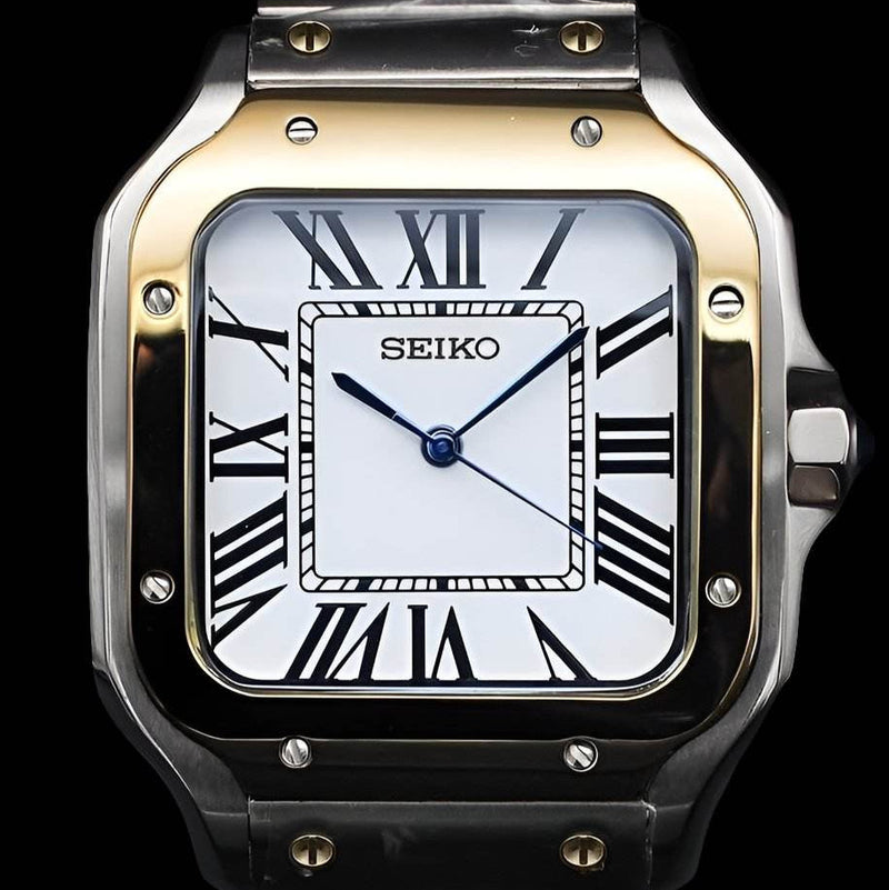 Seiko Mod Santos Homage Two-Tone Gold and Silver White Dial 