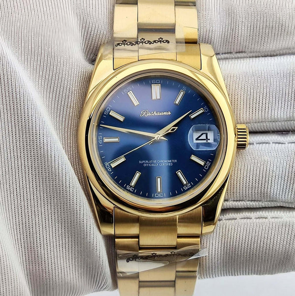 Seiko Mod Gold 36 mm Oyster with a blue dial and Gold hands