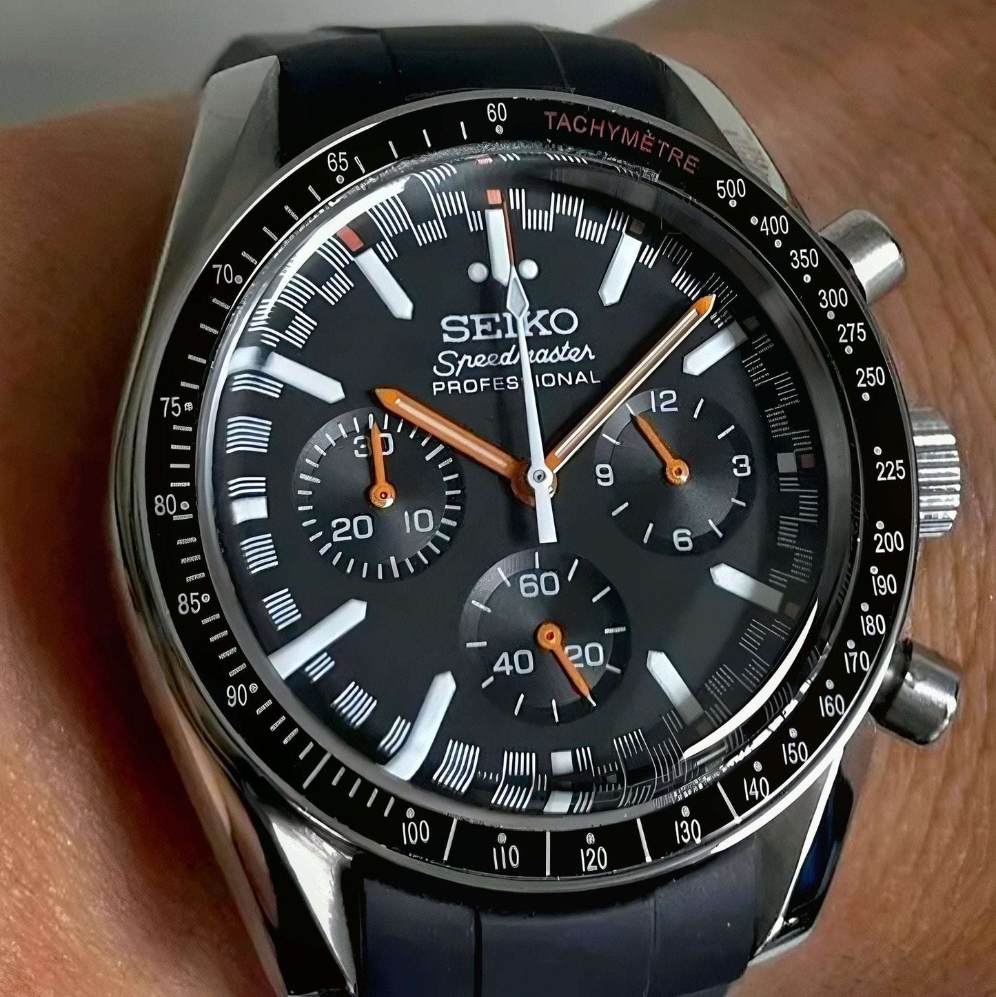 Custom Seiko Mod speedmaster black dials orange minute hand