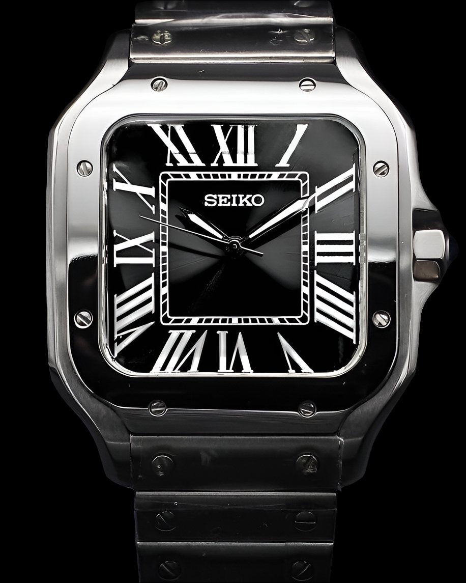 Handcrafted black dial modded Seiko Santos mod