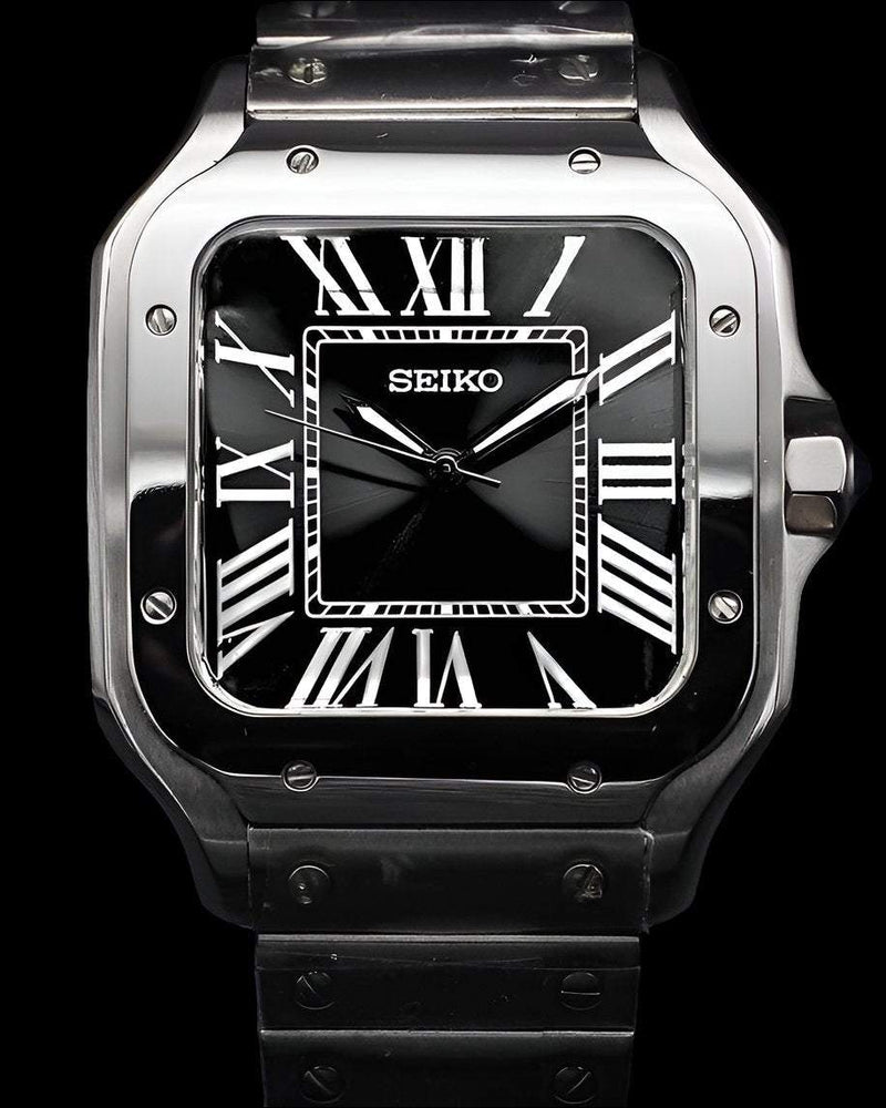  Seiko Mod Santos Custom Silver Case Black Dial - Timeless Precision