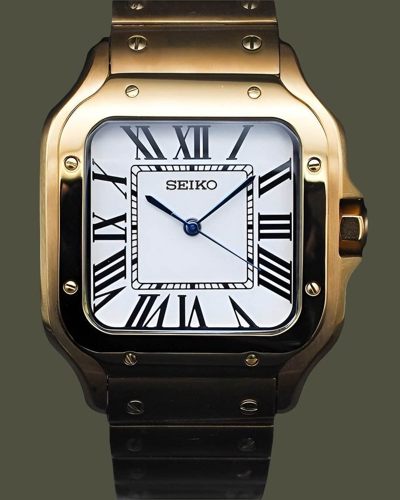 Seiko Mod Santos Homage Gold Case Classic White Dial - Timeless Design