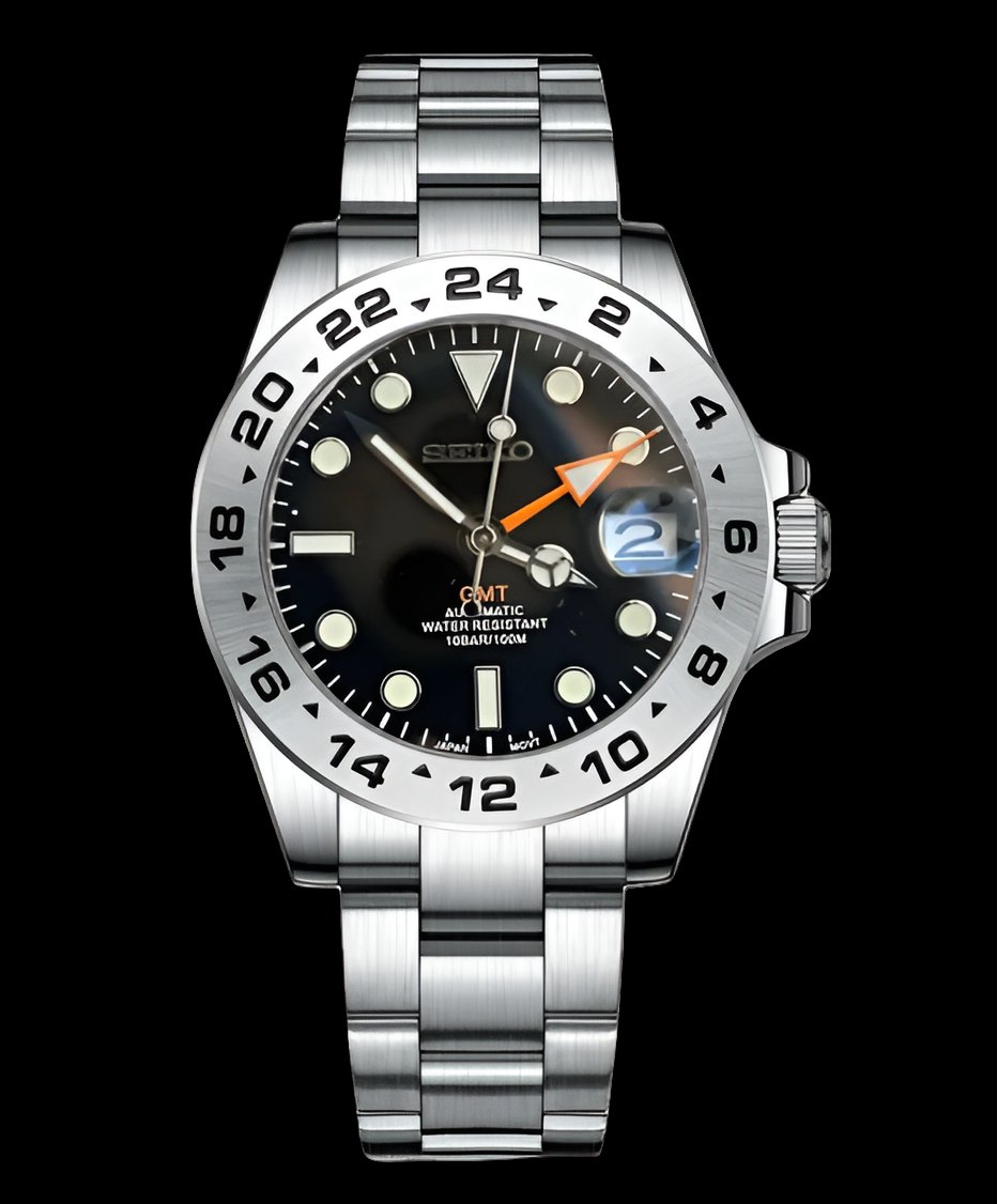 Seiko Mod Explorer GMT Black Dial Orange hands