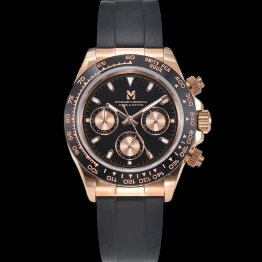 Modtime Seiktona Seiko Rolex Daytona Homage Gold case black dial and rubber bracelet - MODTIME