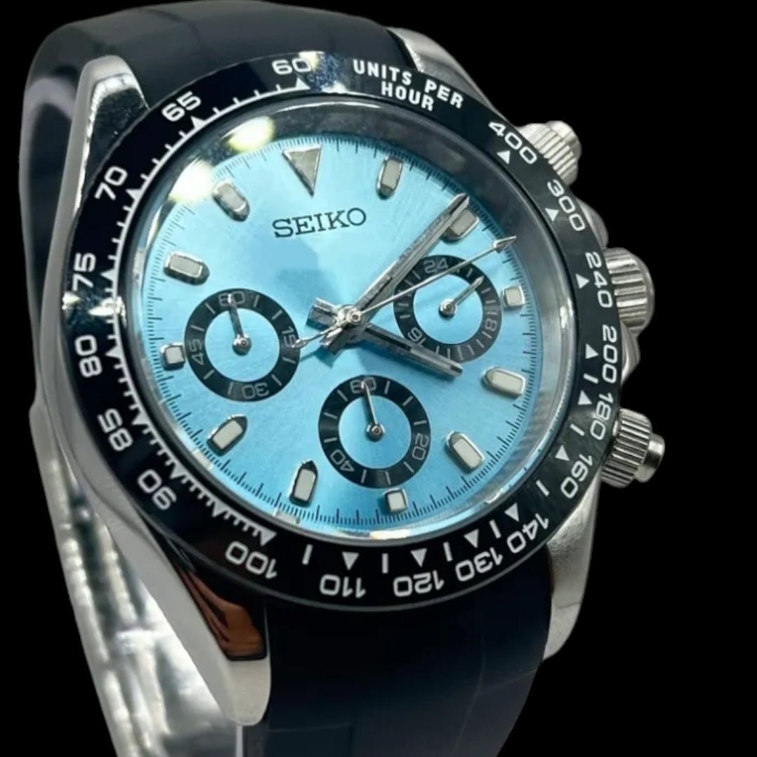 Custom Seiko Daytona Mod Light Blue dial with black rubber bracelet