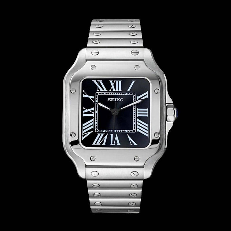  Seiko Mod Santos Custom Silver Case Black Dial - Timeless Precision