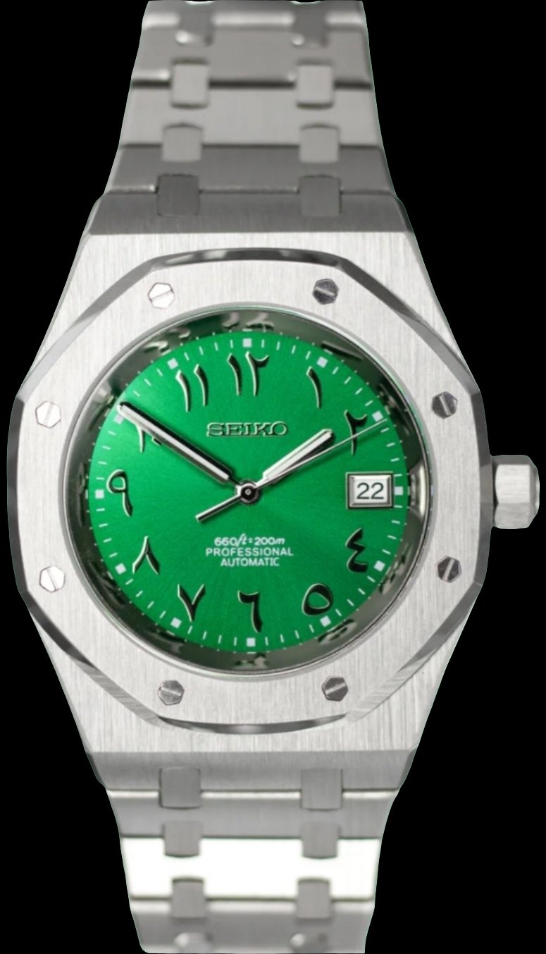 Modtime seikoak custom seiko royal oak homage green arabic dial stainless steel